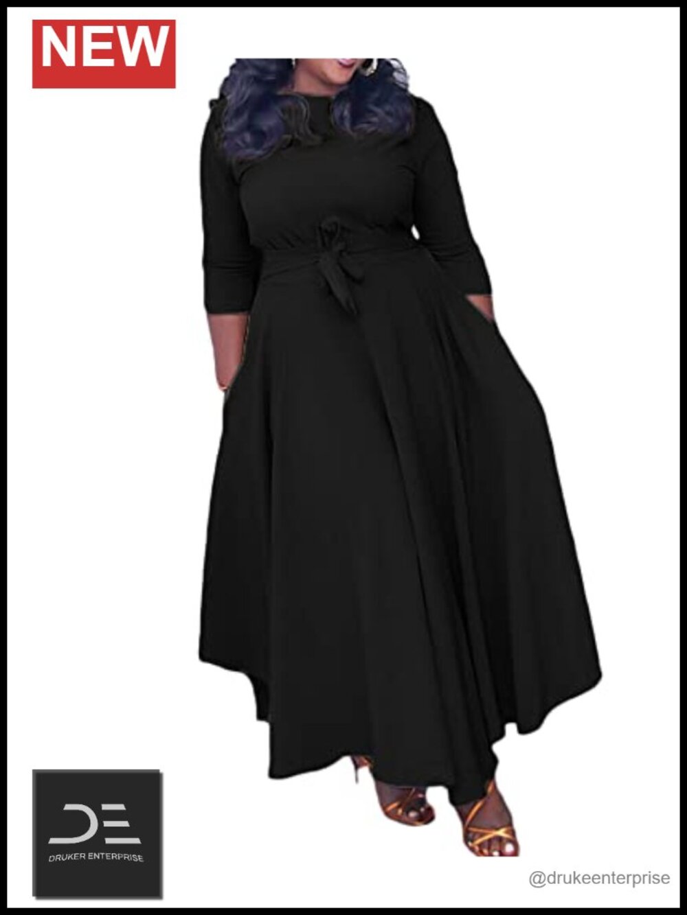 3/4 Sleeve Maxi Dress Wrap Tie Waist A-Line Flared